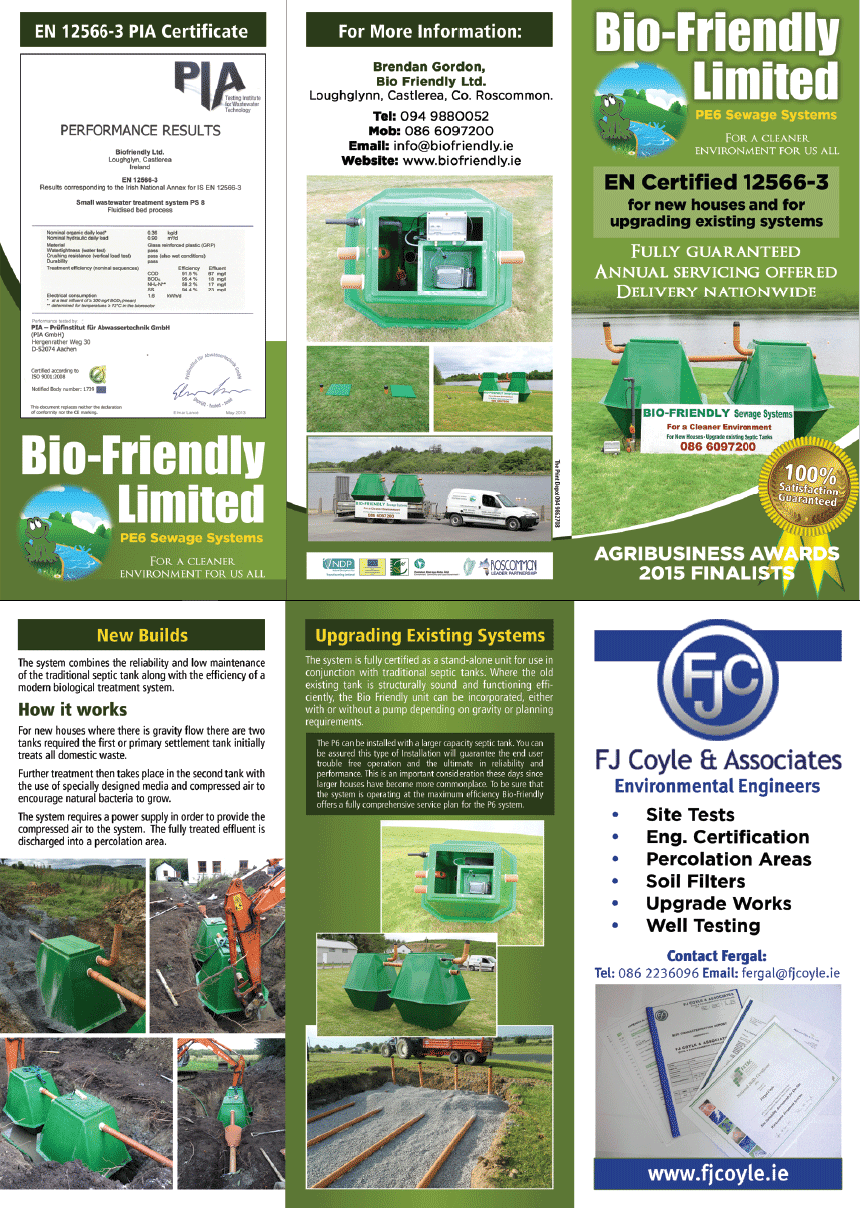 Bio-Friendly septic tank and waste water treatment system brochure for manufacture and installation of sewage systems.